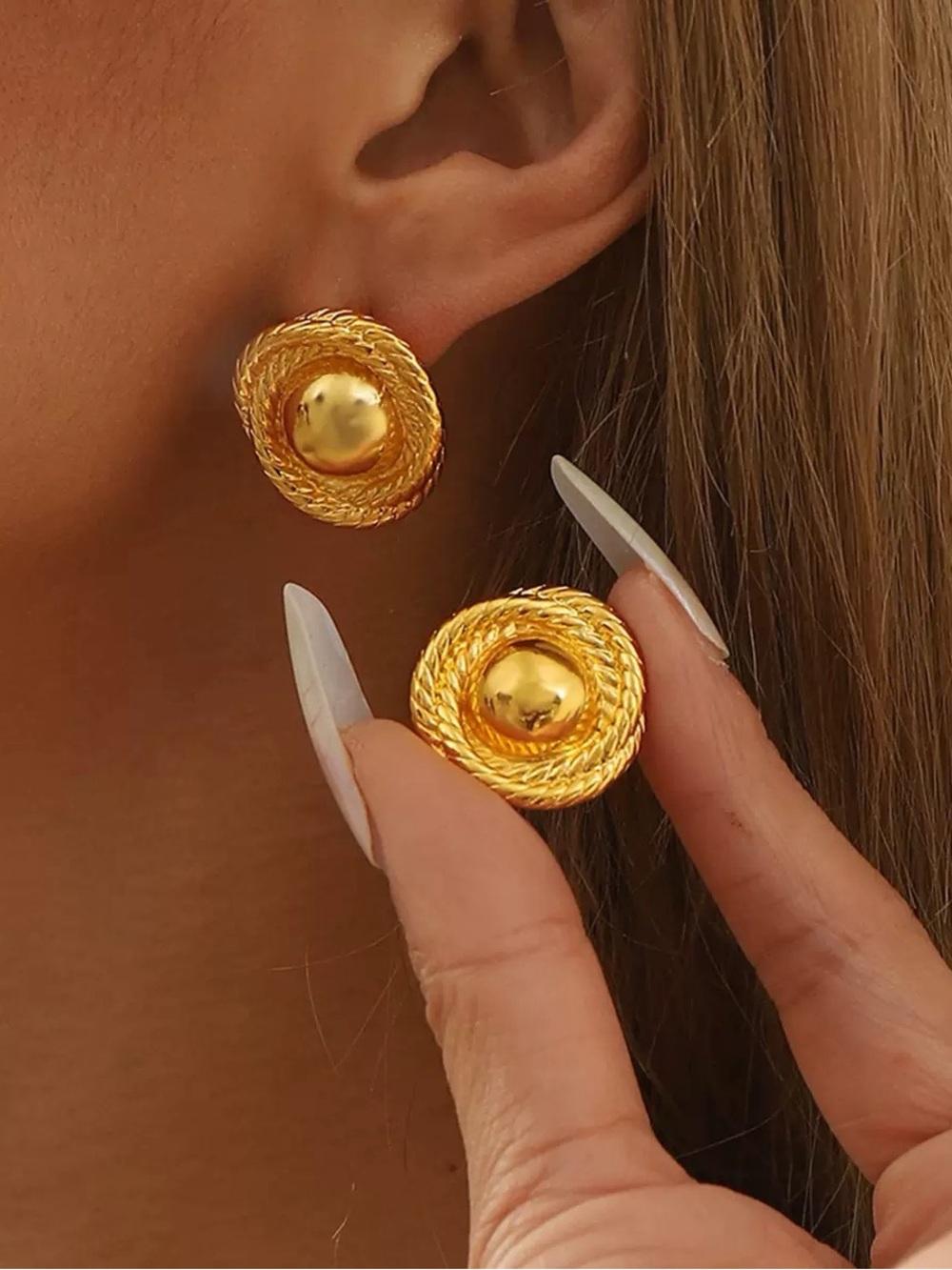 Classic Gold Rope-Edge Button Earrings - Women Jewelry